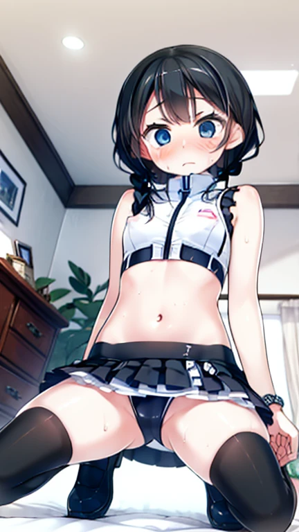 (Highest quality), (masterpiece), 1080P, High resolution, 4K, 8k, Thigh straps, Shooting from directly below, The woman on top of me, Nipples, 白いSweat, Covered , Sweat, Woman looking down, Micro Bikini, Skirt swimsuit, Thigh-high socks, To achieve this, 16 years old, Small breasts, whole body, Black leather shoes, Braided hair, Inner Color, Embarrassed face, Short black hair, bracelet, Bedroom,celestial body_Vest