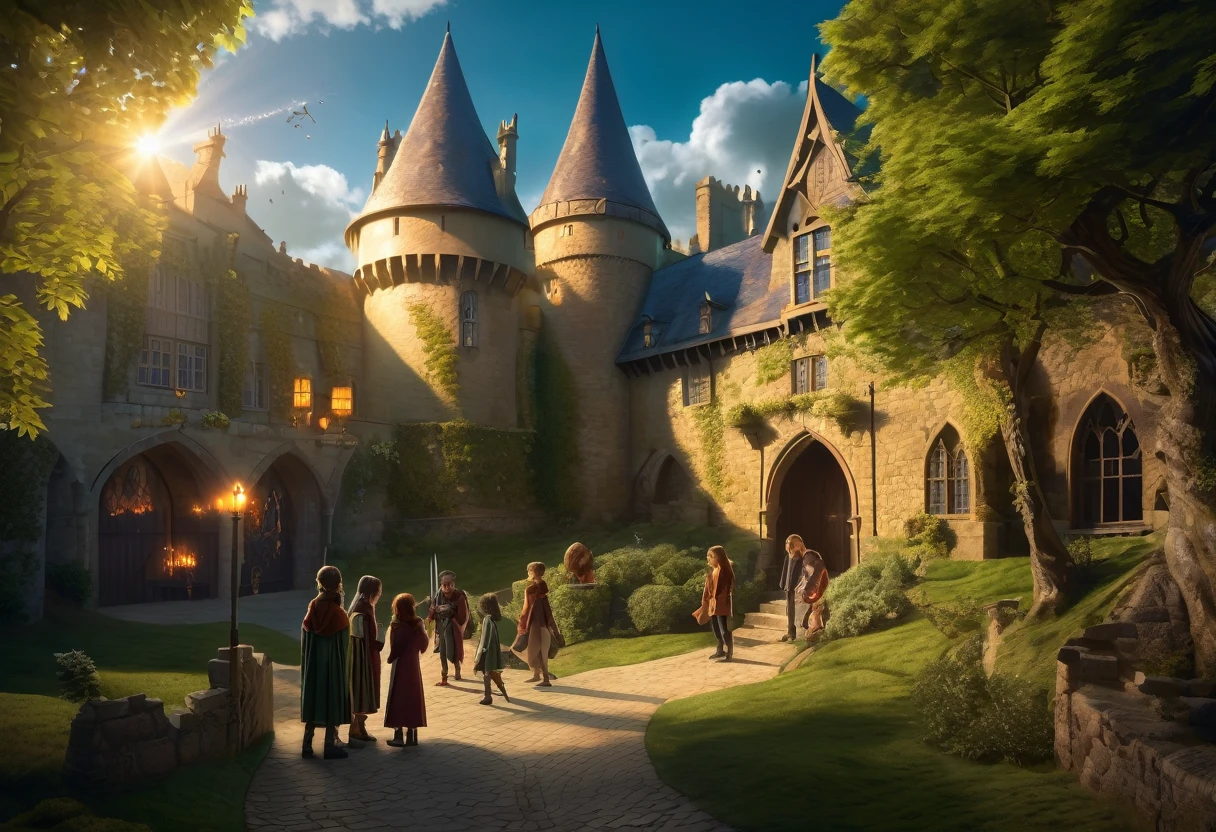 (Academy of magic in a 10th century castle: 1.3). (Magical creatures protect the environment: 1.2),(Academy of magic in a 10th century castle: 1.3). (Magical creatures protect the environment: 1.2). There are students dressed as wizards casting spells outside., A large wall protects them from unwanted gazes. (Image inspired by the Harry Potter series: 1.3), Magic rays are everywhere, Illuminated by bioluminescent lamps, Very detailed, tolkien style