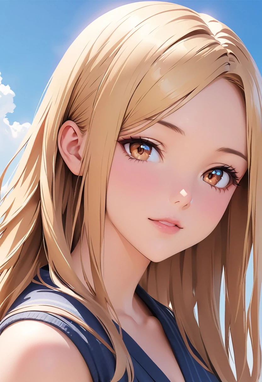 A blonde woman with long hair and a blue dress is posing for a photo, Realistic anime art style, Photorealistic anime girl rendering, Smooth anime CG art, Anime realism style, Realistic art style, Realistic young anime girl, Gorgeous digital painting, Realistic Anime 3D Style, Beautiful anime portraits, Realistic anime art style, Close-up character portraits, 3D Anime Real, Anime style portrait