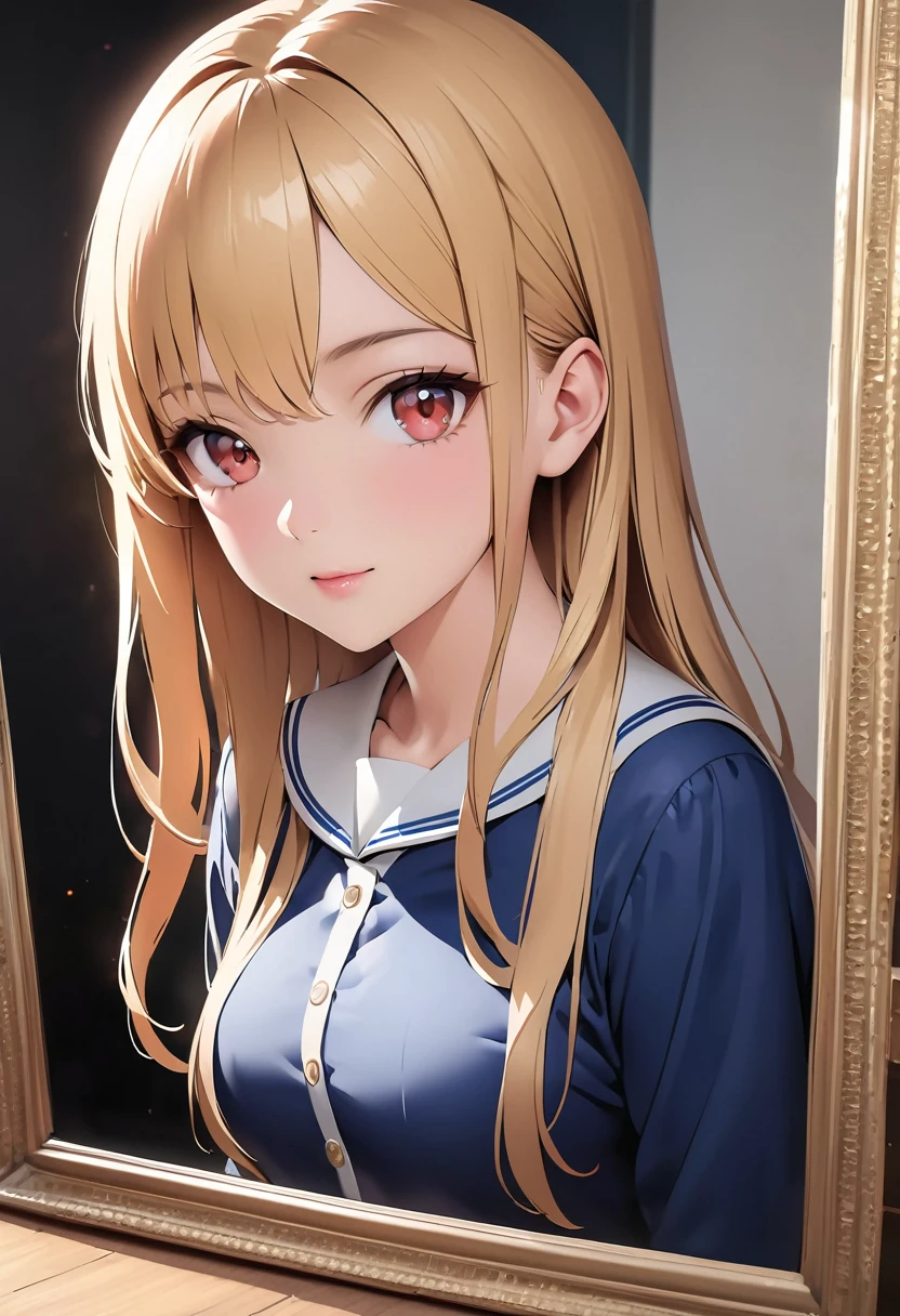 A blonde woman with long hair and a blue dress is posing for a photo, Realistic anime art style, Photorealistic anime girl rendering, Smooth anime CG art, Anime realism style, Realistic art style, Realistic young anime girl, Gorgeous digital painting, Realistic Anime 3D Style, Beautiful anime portraits, Realistic anime art style, Close-up character portraits, 3D Anime Real, Anime style portrait