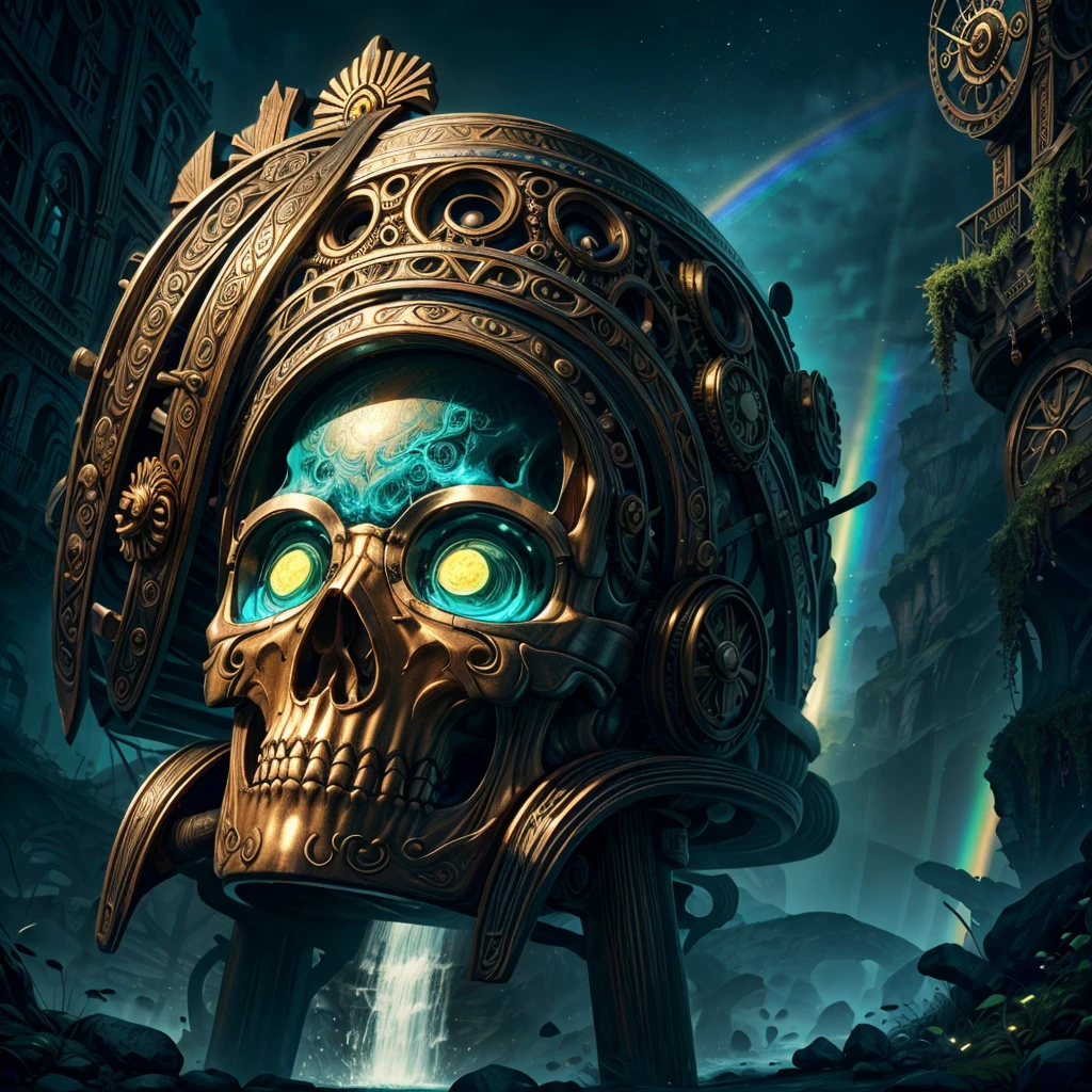 (better image quality, 4K, 8 K, a high resolution, masterpiece: 1.2), Ultra detailed, realistic: 1.37, close-up of a metal skull head, altar, consisting of abstract twisted roots, pulling a very big (mysterious metal skull), sparkling eyes, creepy waterfall over the skull, (Rainbow, Rainbow around the skull), full of energy, circular composition illustrates the influence of various structural forces, One, (decorative elements in steampunk style, mechanism, and other elements). Signposts, chainfantastic decorative combinations,