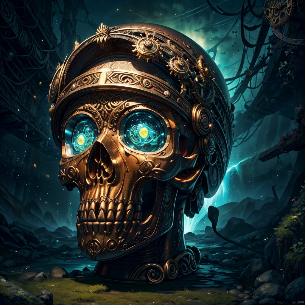 (better image quality, 4K, 8 K, a high resolution, masterpiece: 1.2), Ultra detailed, realistic: 1.37, close-up of a metal skull head, altar, consisting of abstract twisted roots, pulling a very big (mysterious metal skull), sparkling eyes, creepy waterfall over the skull, (Rainbow, Rainbow around the skull), full of energy, circular composition illustrates the influence of various structural forces, One, (decorative elements in steampunk style, mechanism, and other elements). Signposts, chainfantastic decorative combinations,