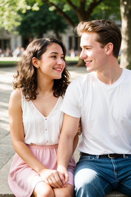A young cute white man sitting together with a cute girl, the girl is in pink and curls in the square