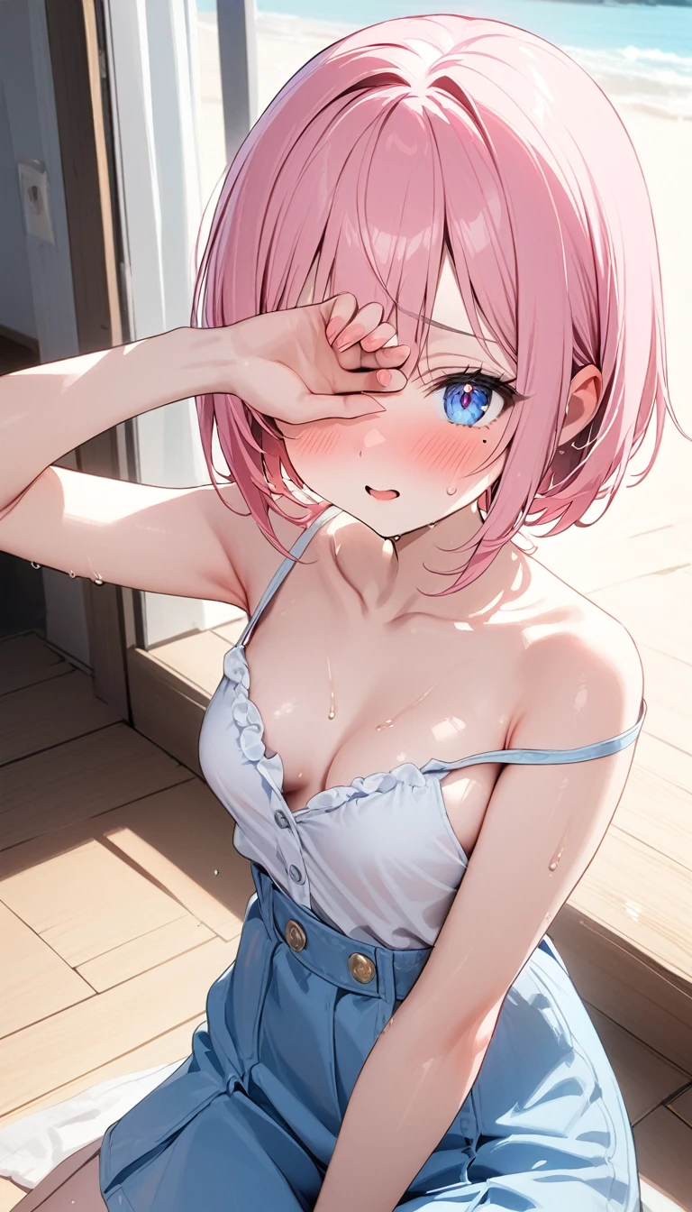 (1 girl),(Best Picture Quality, 8K, Masterpiece:1.3), (high school student:1.5), ((pink lob hair:1.1)), (bob cut),(swept bangs), (cute eyes, pupil black, iris skyblue, youthful face), (mole under right eye), (standard weight), (small breasts), (glistening skin:1.1),(pale skin:1.2),((casual summer clothes)),(covering eyes),(nipple slip),(strap slip),(flustered),(sweat),summer season.