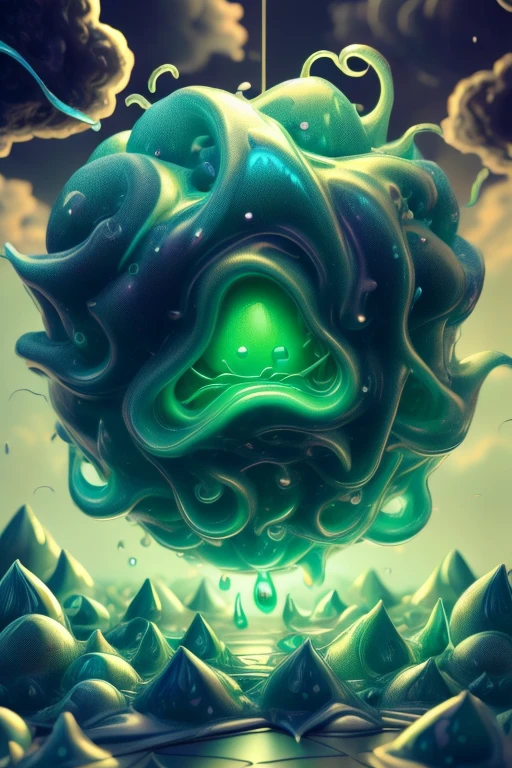 Slime monster, amorphous slime of monstrous colors ,Slime creature with tentacles and many mouths,
masterpiece,Highest quality,8k,High resolution,
Fantastic,scary,horrific, non euclidean
Please draw a amorphous slime mosnter from H.P. Lovecraft. bubbly slime monster of viscous ooze with tendrils of slime. Slime monster in a alien world, slime droplets and puddles litter the world. dark blue cloudy sky, madness of slime, slime bubbling and pulsating. stone covered by the gooey slime. Monster slime.