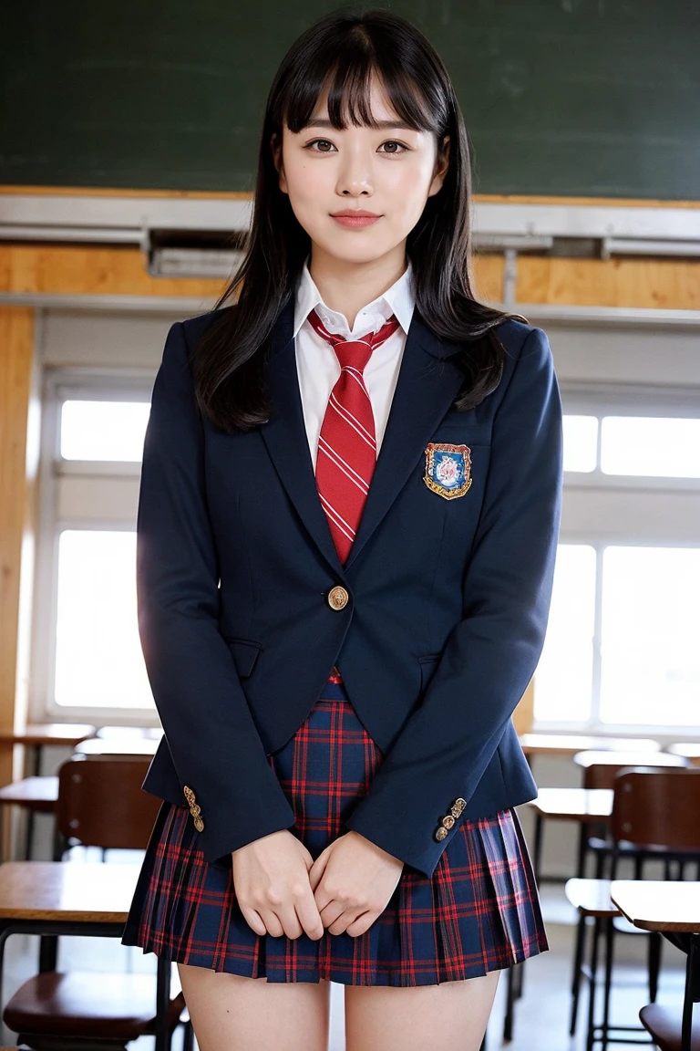 Girl standing in a school classroom,Red Tie Uniform,Dark Blue Blazer,Blue plaid skirt,18-year-old,bangs,A small smile,Thighs,knees,From below