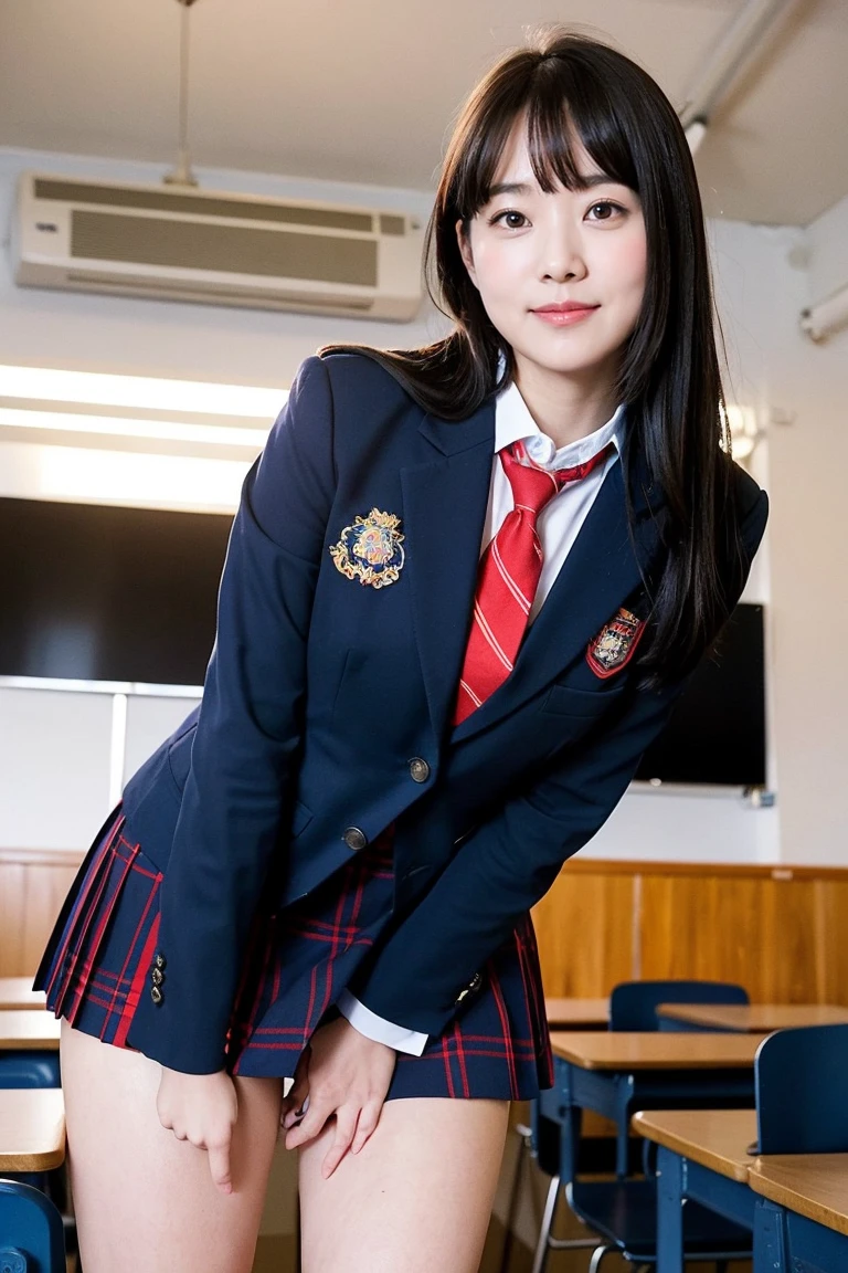 Girl standing in a school classroom,Red Tie Uniform,Dark Blue Blazer,Blue plaid skirt,18-year-old,bangs,A small smile,Thighs,knees,From below