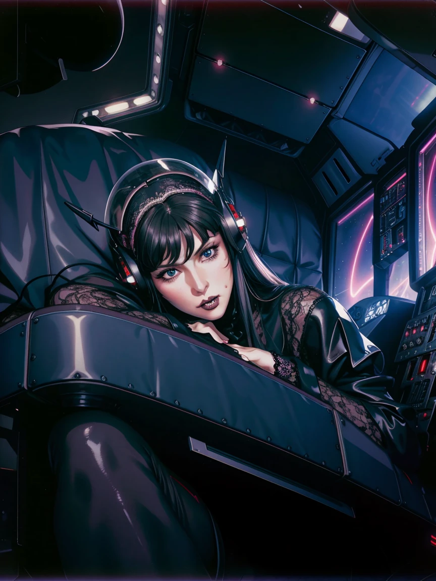 (((gothic vampire piloting) in gothic spacecraft)), (((retro anime))), ((from below)), ((fisheye-view)), ((((gothic)) control panels)), (((mature))), (((gothic))), (iridescent) bodysuit, ((((lace accessories)))), ((pilot seat)), ((((lying back)) pose)), (((elegant))), (((serious tone))), ((cockpit top control panel)), intricate control panel details, close-up, 1990s (style), masterpiece, ((claustrophobic)), best quality, screens, ((pilot helmet)), night, ((low key light)), (colorful cockpit lights), sparkles, (dramatic lighting), sweat, [blushing], [[pointy ears]], (realistic), (dark background)