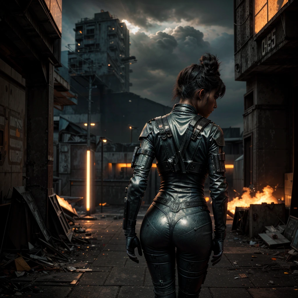 A woman in futuristic light armor in an abandoned section of a dystopian futuristic city as seen from behind, ((firing weapon at unseen enemy)), (rifle), one woman, lone figure, night render, graffiti, worn and faded signage, cyberpunk, flashing lights, fog and mist, industrial atmosphere of dark fantasy, Ghost in the Shell and Bladerunner inspiration, disturbing, unnerving, creepy, unsettling, cloudy weather, steel textures, cement and stone textures, rust textures, Sublime rendering, extreme detailing, dynamic background, 32k maximalist, fantasy art, sharp lines, masterpiece
