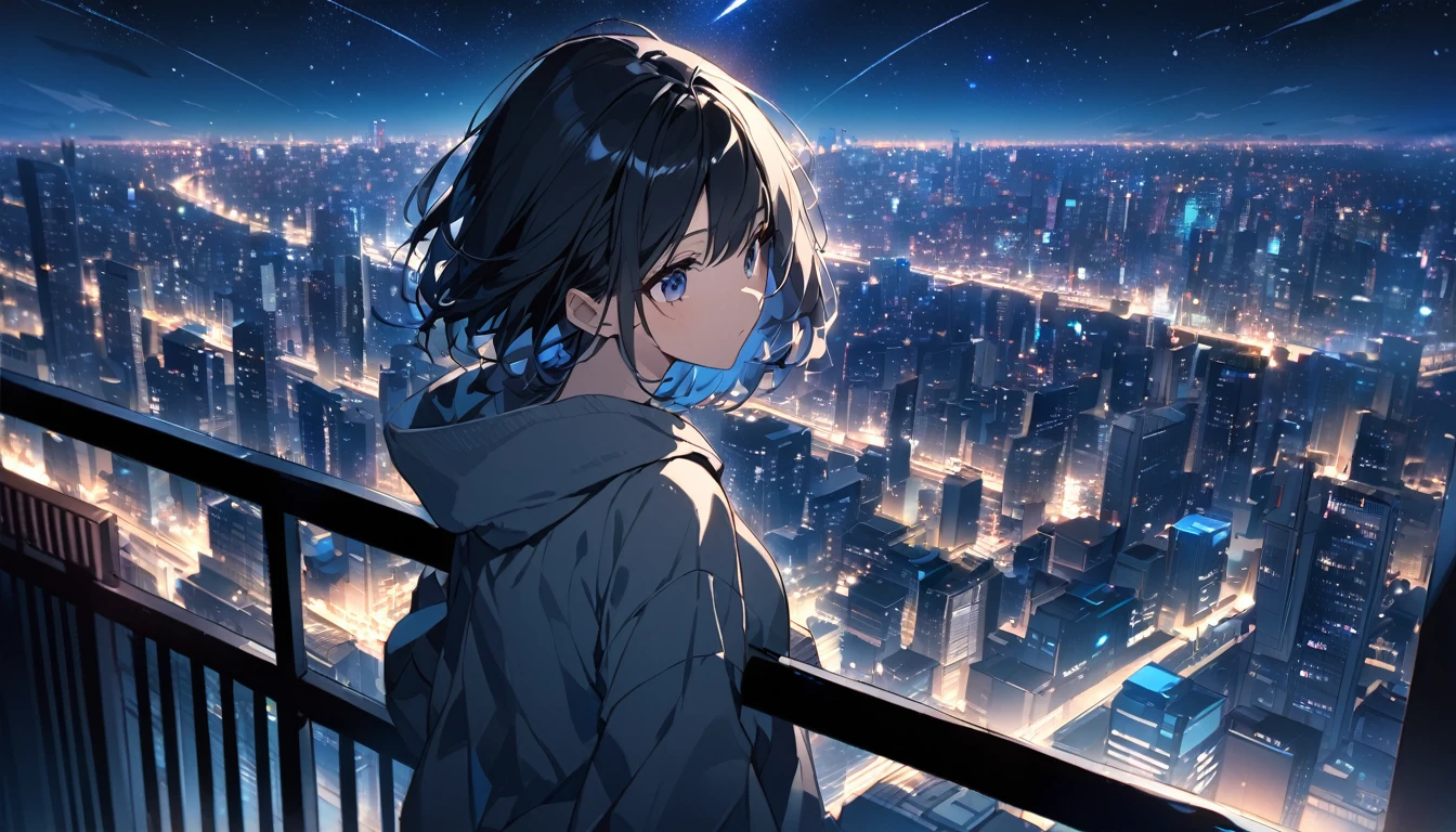 Starry Sky、Night view、City、One woman、Black Hair、Short Hair、Hair blowing in the wind、Wearing a hoodie、Full body portrait、Overlooking the city from the balcony
