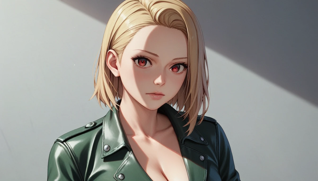 Blonde、Straight Hair、Forehead、Middle parted hairstyle、Red eyes、Blue-green leather shirt、Cleavage、high resolution、4K