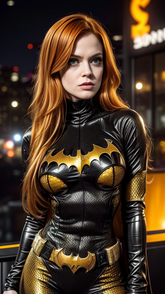 Annabelle Wallis, realistic, super model, super body,full body, s, orange hair, blue eyes, black transparent fishent costume , yellow leather cloak, yellow boots, yellow gloves , standing full body