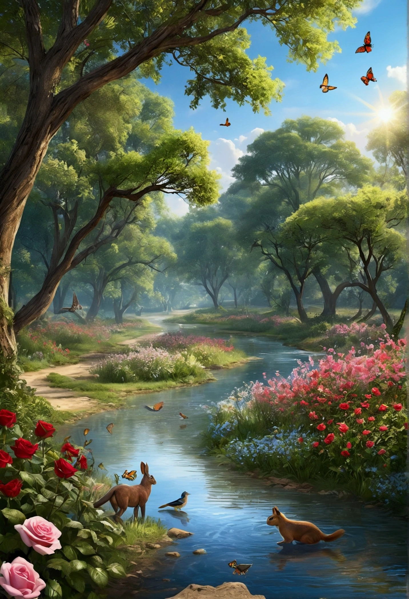 Create a realistic image of a beautiful afternoon in nature, with a crystal clear stream gently meandering through a lush landscape. On the banks of the stream, shady trees create refreshing shade and the ground is decorated with varied plants and wildflowers, including red roses, white and pink. Various animals, like rabbits, horses and squirrels, play peacefully. Birds like cardinals, bluebirds and nightingales fly and sing among the branches, while colorful butterflies, like monarchs and blue butterflies, float gracefully. The soft blue sky with scattered clouds and the golden glow of the afternoon sun create an atmosphere of tranquility and serene beauty, transmitting harmony and connection with nature.