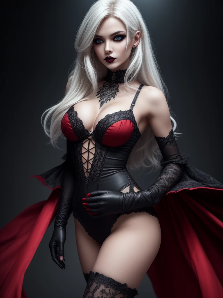 Insanely detailed photograph of a gorgeous vampire man, goth Renaissance, long voluminous white hair, intricate white eyes, fantastical, vampire, ethereal, hyperdetailed, 32k resolution, dynamic lighting, hyperdetailed, intricately detailed, trending on Artstation, triadic colors, volumetric lighting, BalenciagaStyle,A woman with blonde hair, dark blue eyes, casual black clothes, black gloves on her hands, Black hair with two red streaks, black eyes, decent clothes, casual and pretty clothes,Black and red clothes, medium breasts, medium thighs, gothic makeup, black lips