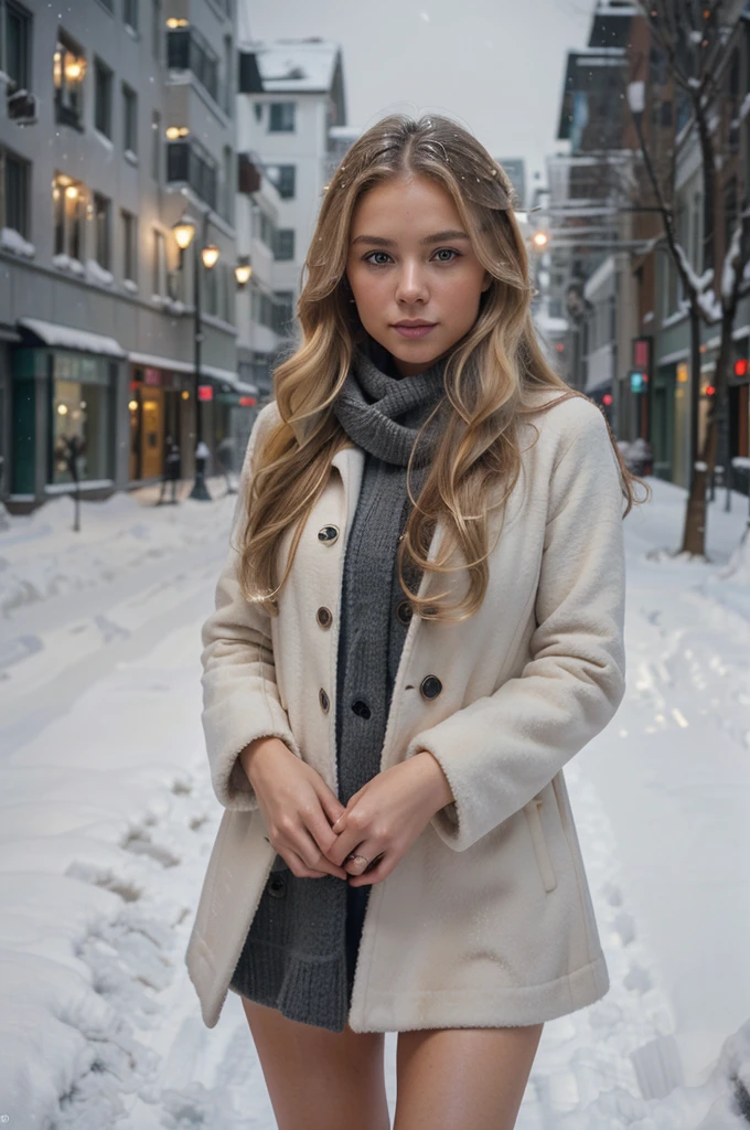 professional portrait photograph of a gorgeous Norwegian girl in winter clothing with long wavy blonde hair, sultry flirty look, gorgeous symmetrical face, cute natural makeup, wearing elegant warm winter fashion clothing, ((standing outside in snowy city street)), stunning modern urban environment, ultra realistic, concept art, elegant, highly detailed, intricate, sharp focus, depth of field, f/1. 8, 85mm, medium shot, mid shot, (((professionally color graded))), bright soft diffused light, (volumetric fog), trending on instagram, hdr 4k, 8k