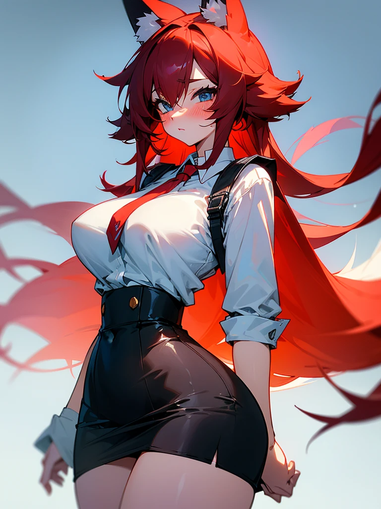 Make a Demi-Human fox fox with big breasts thin waist and a big blushing ass with a fluffy tail...with clothes, a white shirt and a black mini skirt and short, messy red hair, she has 1.64 she has light blue eyes and I want her from the front