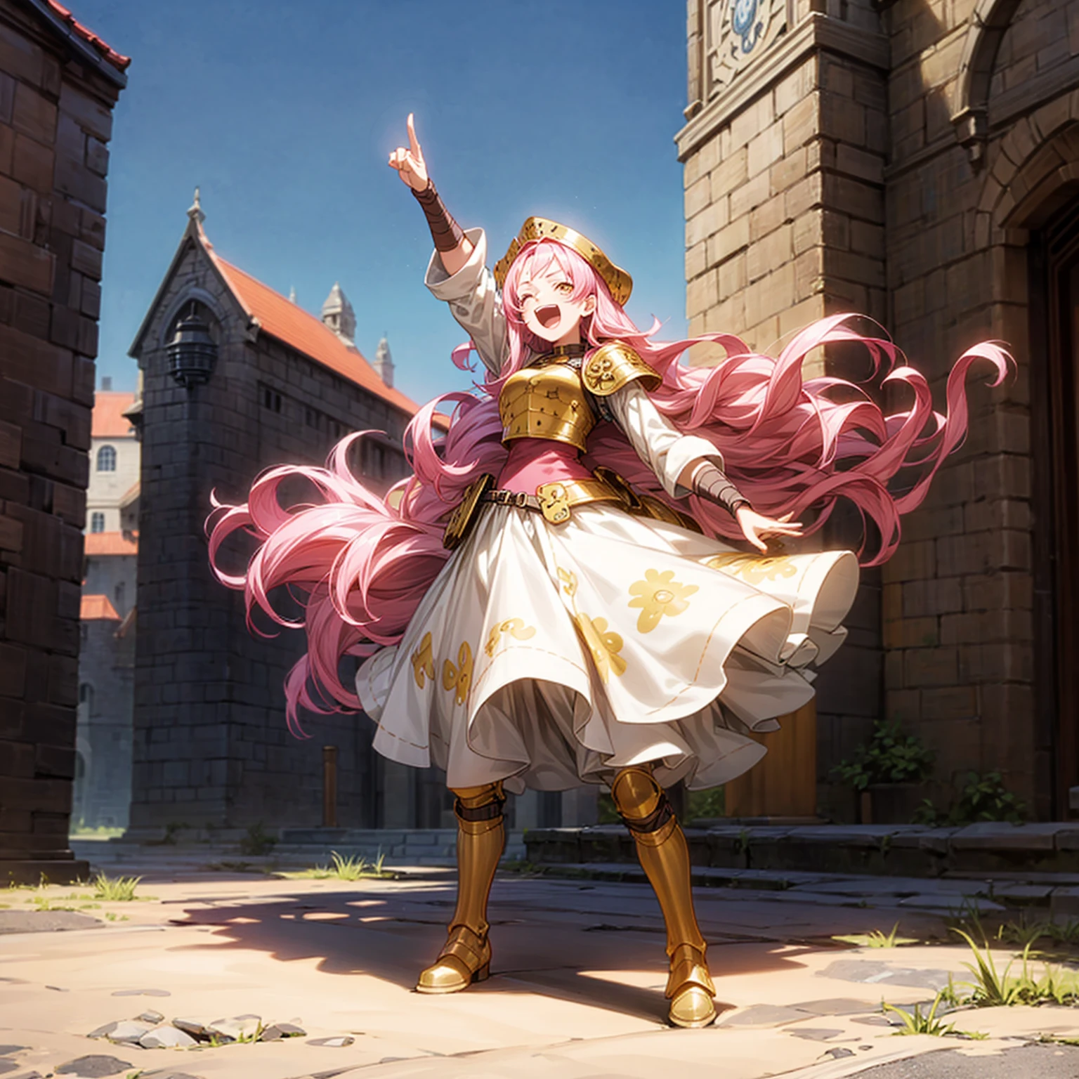 Solo character, full body version, young girl, long curly hair, pink colored hair, yellow eyes, open mouth, close eyes, happy, happy eyes, medieval soldier outfit, heavy armored, boots, town, people, skyblue, standing gesture, (one piece style art)