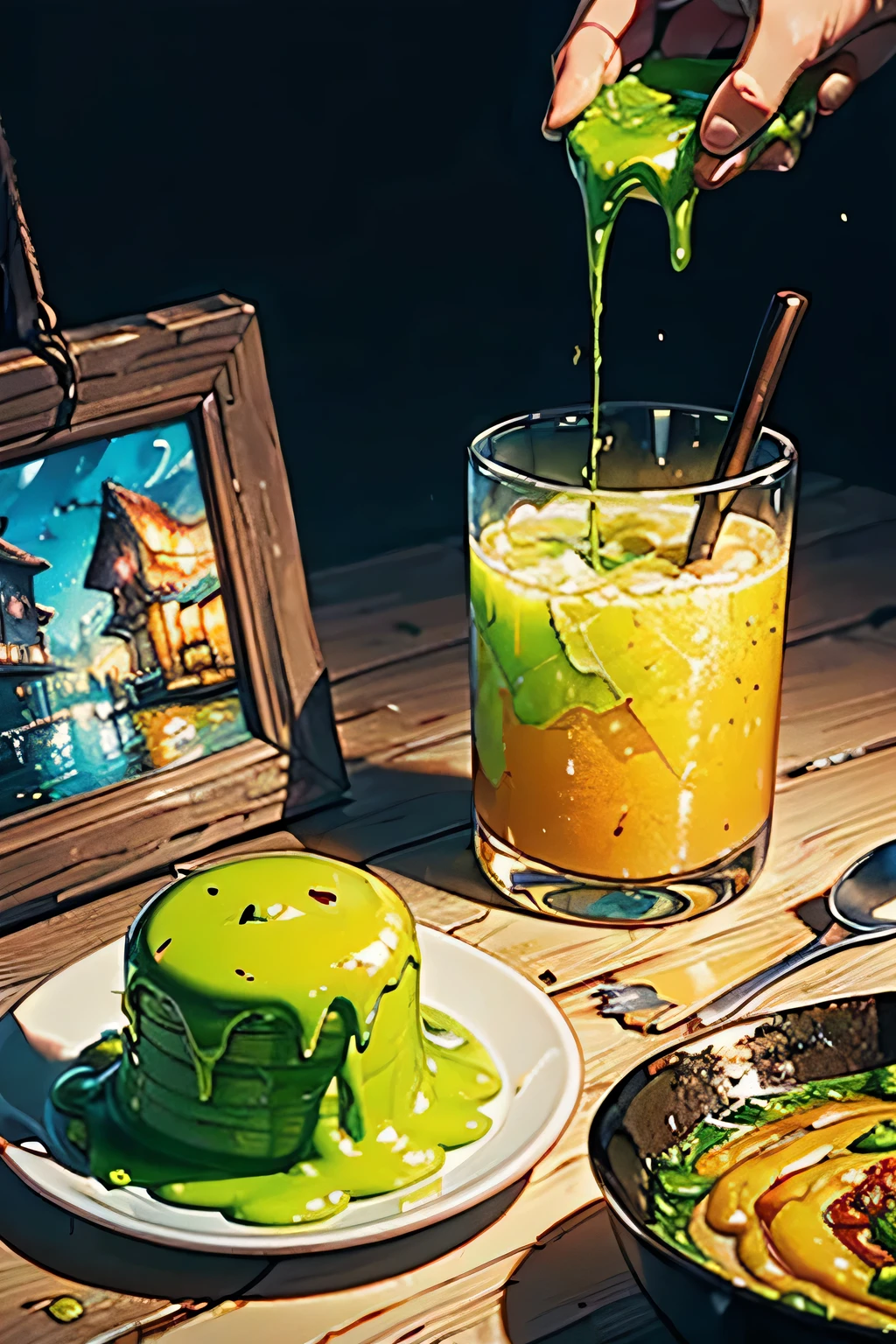 (Many dishes made from slime are lined up on the table, raw slime, dried slime, slime drink) sharp focus, vibrant color, oil painting, (masterpiece, best quality, high_resolution), cinematic lighting, fire light glow