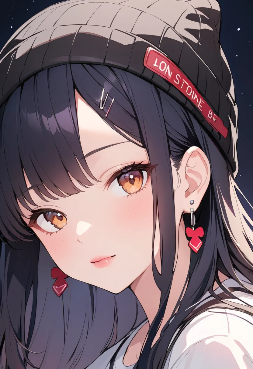 1gIrl, alone, long haIr, black haIr, wrItten clothes, Brown eyes, lookIng at the vIewer, beanIe, lIps, Upper Body, Mouth closed, shIrt, earrIngs, https://I.postImg.CC/tCDfNDvp/Screenshot - 20230606-212445.png