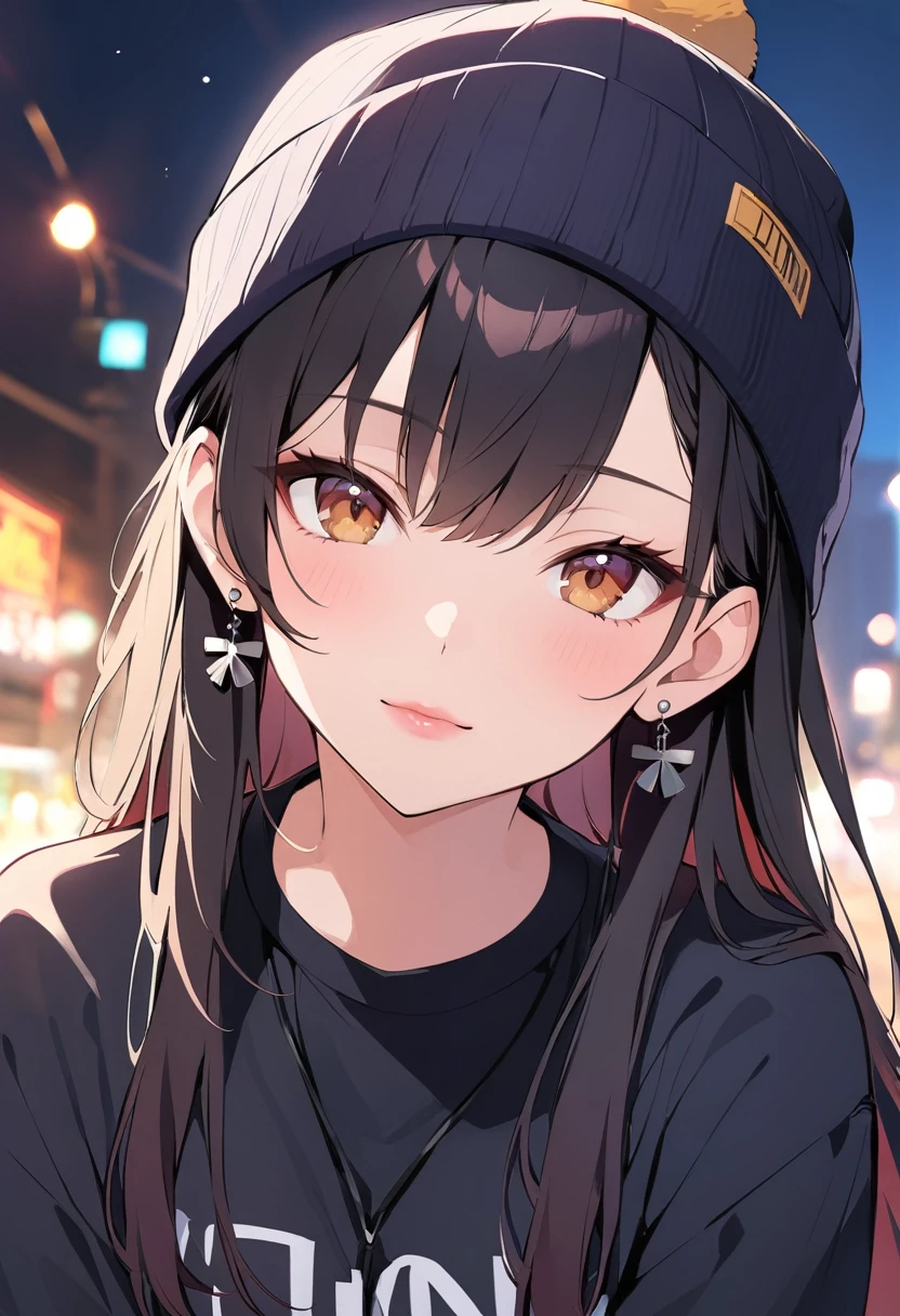 1gIrl, alone, long haIr, black haIr, wrItten clothes, Brown eyes, lookIng at the vIewer, beanIe, lIps, Upper Body, Mouth closed, shIrt, earrIngs, https://I.postImg.CC/tCDfNDvp/Screenshot - 20230606-212445.png