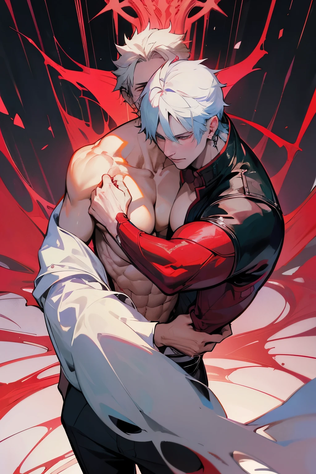 Dante Sparda in Devil May Cry, big breasts, he is blushing, he is shirtless, Vergil deserves to squeeze Dante's chest