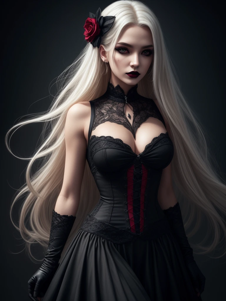 Insanely detailed photograph of a gorgeous vampire man, goth Renaissance, long voluminous white hair, intricate white  eyes, fantastical, vampire, ethereal, hyperdetailed, 32k resolution, dynamic lighting, hyperdetailed, intricately detailed, trending on Artstation, triadic colors, volumetric lighting, BalenciagaStyle,A woman with blonde hair, dark blue eyes, casual black clothes, black gloves on her hands, red and black hair, black eyes, decent clothes, casual and pretty clothes,Black and red clothes, medium breasts, medium thighs, gothic makeup, black lips,Long clothes covering the body 