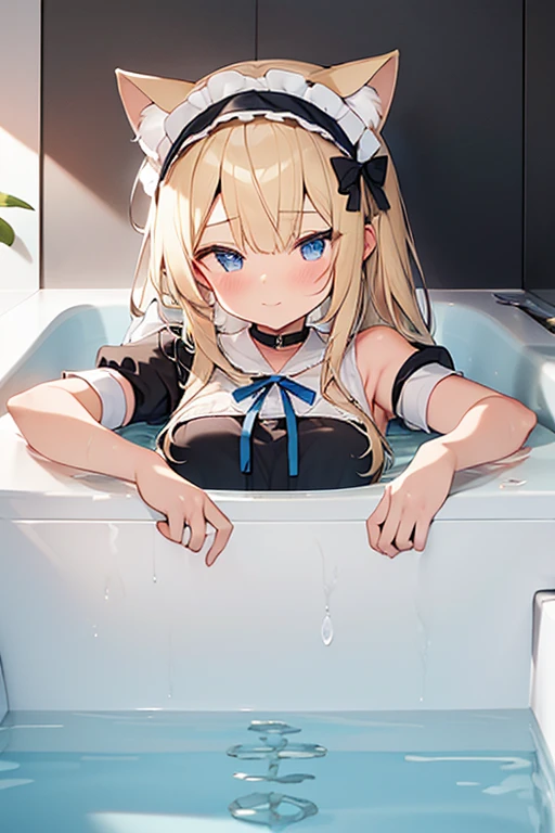 (Ultra high quality:1.6), (Highest quality:1.6), (Attention to detail:1.6), (Ultra-high resolution:1.6), (Detailed face:1.6), (Perfect Face:1,6), (Beautiful Eyes:1,6), (Detailed eyes:1.6), (Maid clothes, White apron, Headband, Black Dress, Blue ribbon, Maid clothes, Classic, Small breasts, Long:1.4), (白と黒のMaid clothes:1.6), (Blonde, Blue Eyes, Cat ear:1.5), cute, The best smile, Soaking wet, (Water droplets all over the body:1.4), (Covered in white foam:1.6), (Swimming in clothes, bathing, Bathroom, Longの浴槽:1.6), (relax, Relax in the bathtub:1.6), (Bubble bath:1.6), (Bathtub full of bubbles:1.6), (Maid clothesのまま浴槽へ:1.4), (White foam on clothes:1,5), (Soak in deep water:1.6), (Deep bubbly water:1.4), (Wash your body with your clothes on:1,4), (shampoo, Body Soap, sponge:1.2), 