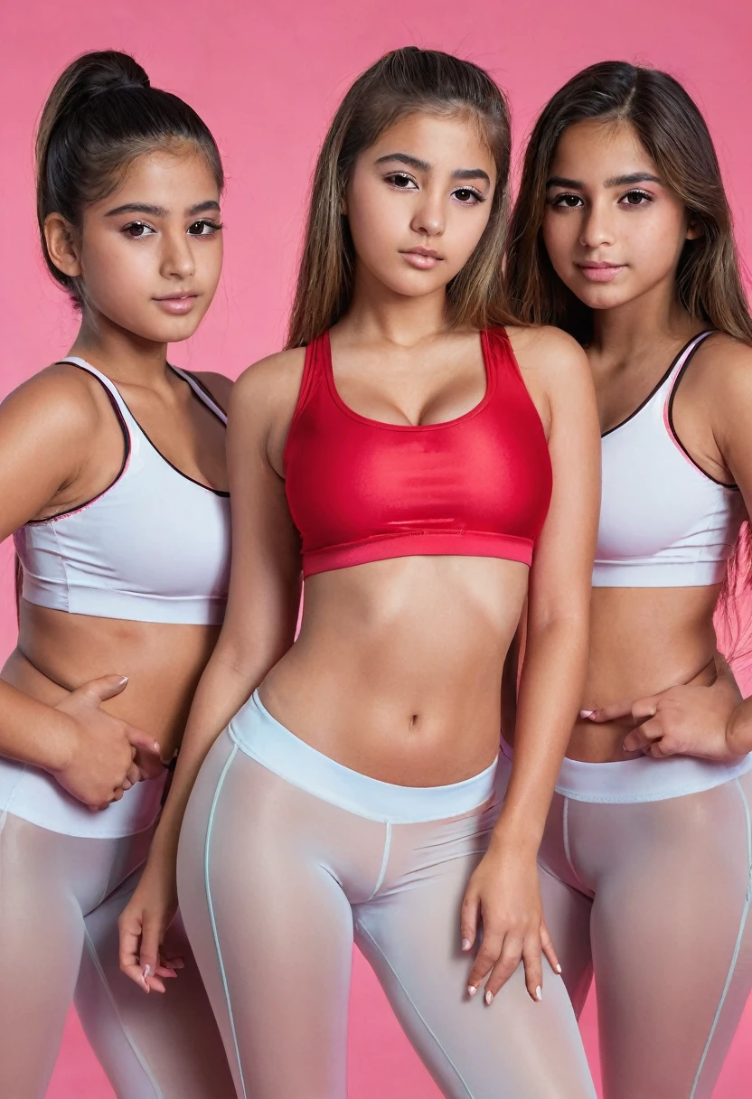 ((Best Quality)), ((masterpiece)), (detailed), ((teenager) ),perfect face, 3 beautiful young sisters of , , tres teenagers mexicanas de 13 años,hree mexicans , thin, skinny, small, girls, hair in tail, , transparent top abierta, transparent top, all three wear sports leggings, colossal buttocks, they use transparent lycra, fitted leggings, camel toe, between the vagina, Transparent clothing, perfect face,detailed, Detailed hands,red varnish,long eyelashes, busty, huge breasts, colossal breasts, ,Beautiful,portrait,High resolution,realist,studio lighting,vibrant colors, huge buttocks, 