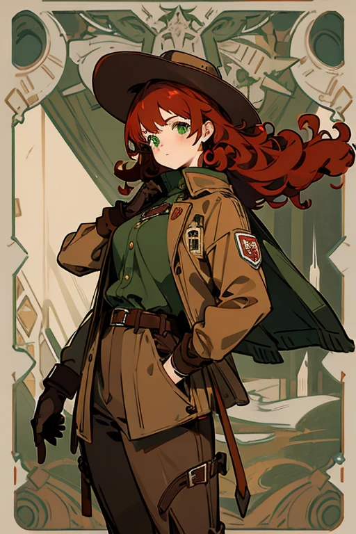 masterpiece, good quality, 1 girl, curly red hair, cowboy costume, green eyes, brown gloves, brown boots with buckles, brown pants, brown short jacket, cowboy hat