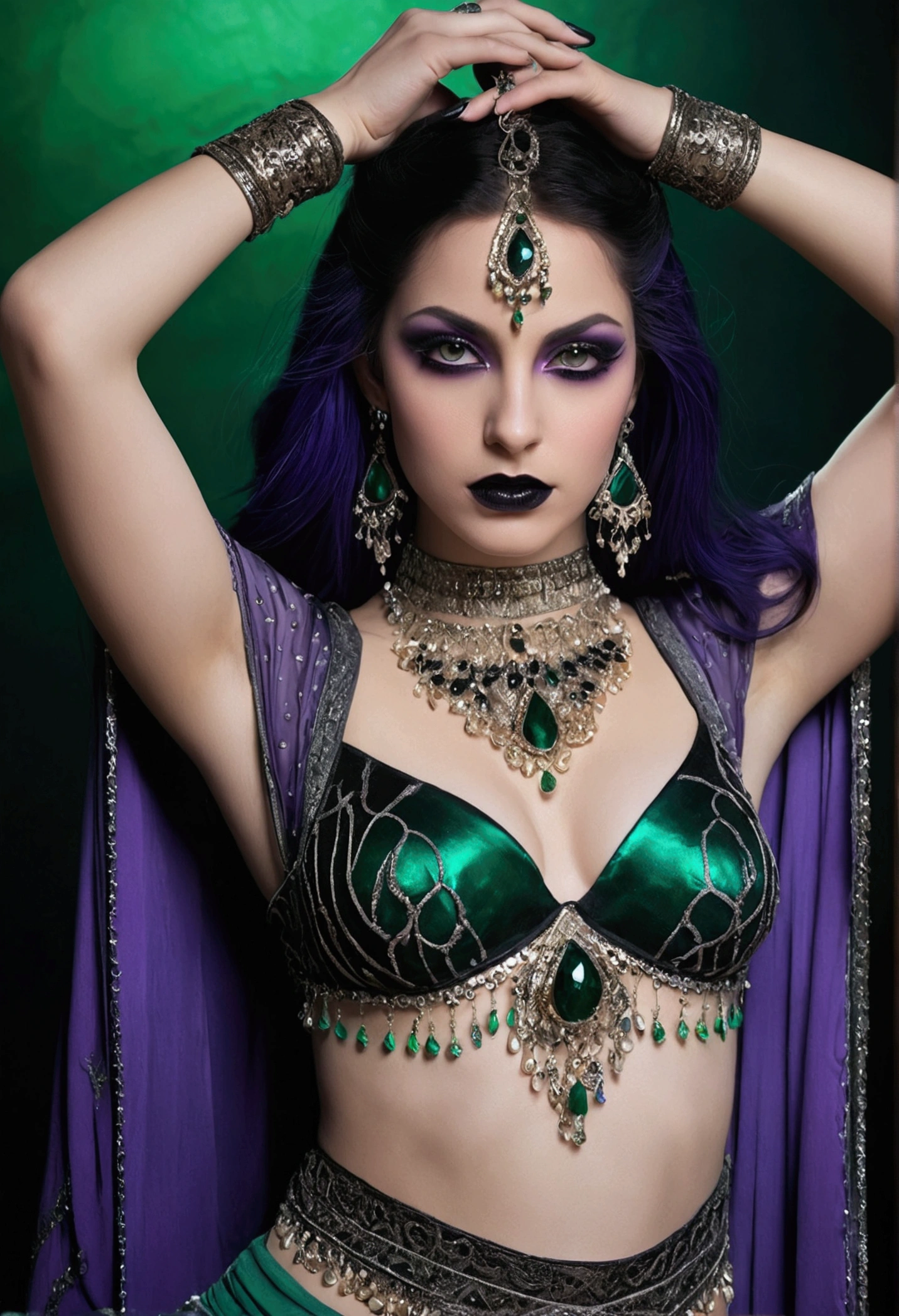 A young woman wearing a belly dancer outfit and partially nude. The color palette is dominated by deep shades of green and black. Details in purple and dark green stand out, adding a dark and sinister atmosphere. Her skin is pale, almost translucent, and has a subtle shine. His expression is serene, but at the same time carries an air of challenge, revealing his ambiguous and controlling personality. gothic makeup, black lipstick, black eyeliner, body accessories, White hair, splash art, Body lines, swirly vibrant colors, Exquisite details, cinematic, art station, face detailed, detailedeyes, detailed hands, detailed anatomy, huge  ass, por rossdraws, por Kienan Lafferty