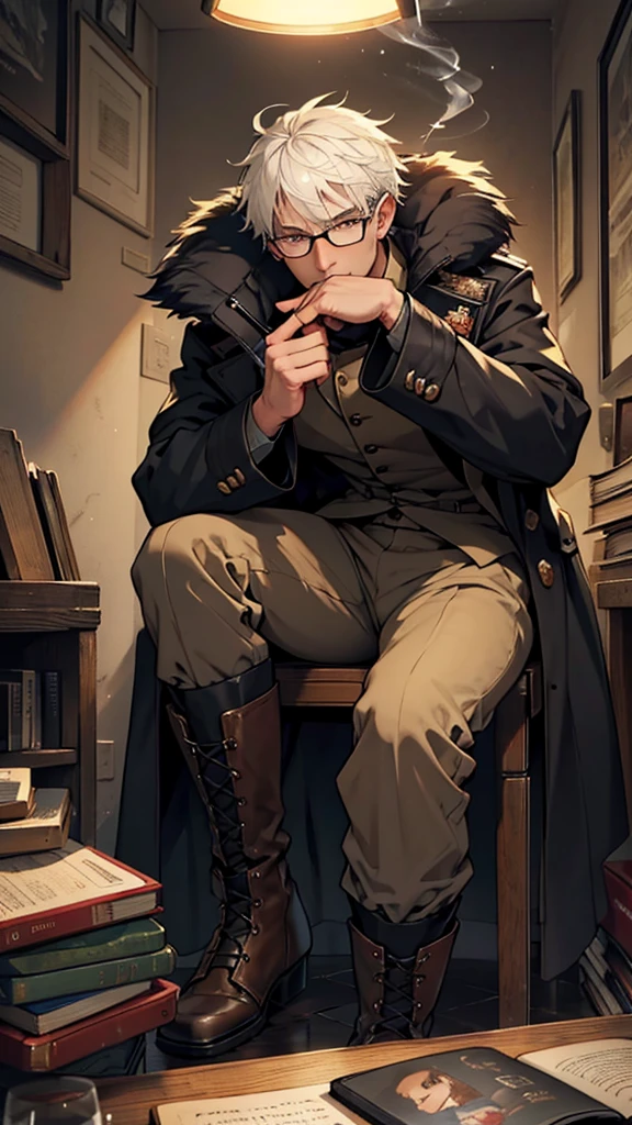 A young man with only light stubble, rough youthful features and white hair with darkened roots, wearing fur boots, military coat with fur collar, gloves,on the face there are glasses with square frames, the lenses sparkle in the light, a Soviet earflap on the head of a man with a Soviet star on it, solo, scar on eyebrow,scar on the lip,he himself stared at the viewer with a serious gaze,pale yellow eyes with a small pupil,the man himself inspires fear,his eyes emit a slight glow he himself is in twilight,there are square-framed glasses on his face and half of it is occupied by a fresh burn scar,he holds a slightly smoking cigarette in his hand, raised to his mouth,khaki pants,he sits on the right side of the table,on a chair, looking defiantly at the viewer and raising the barrel of a pistol towards the viewer with his other hand,continuing to smoke stigara,on the table there is a book by Dostoevsky and a bloody puddle next to it against the backdrop of a dark gloomy room with flashing lights. The man looks at the viewer extremely sternly and sternly without smiling.,he continues to smoke