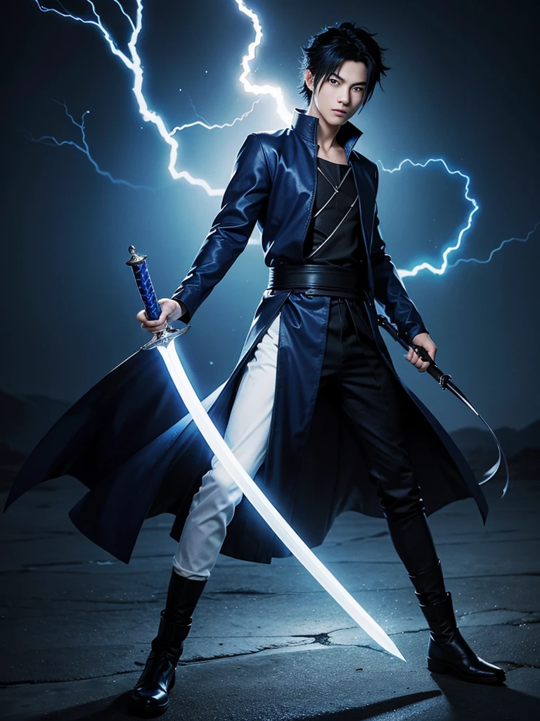 1 Handsome chinese slim guy, 20 years old, Hair combed smoothly, wear Sasuke Uchiha costume holding a sword to the viewer, full body, blue lightning VFX in the sword, blue lightning , glowing blue lightning sword, black coat