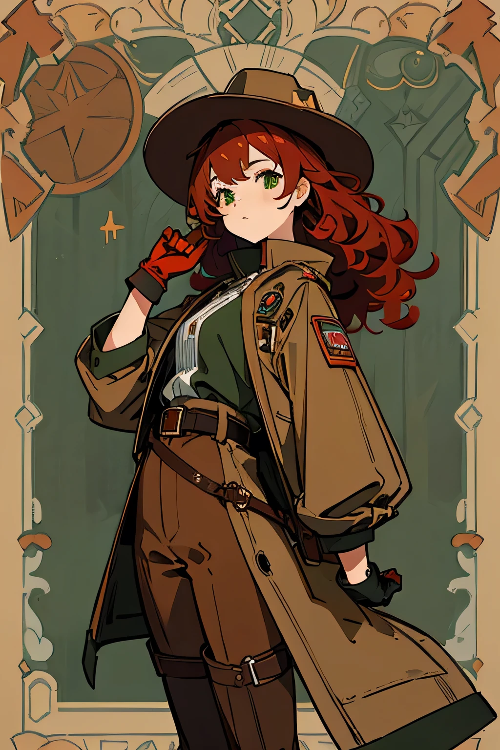 masterpiece, good quality, 1 girl, curly red hair, cowboy costume, green eyes, brown gloves, brown boots with buckles, brown pants, brown short jacket, cowboy hat