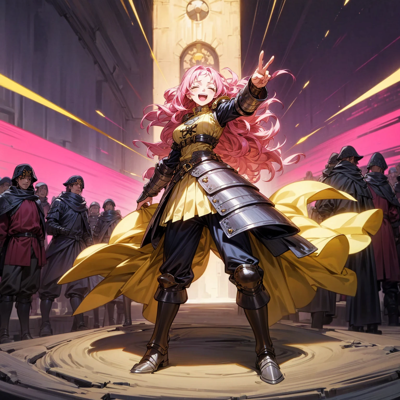 Solo character, full body version, young girl, long curly hair, pink colored hair, yellow eyes, open mouth, close eyes, happy, happy eyes, medieval soldier outfit, heavy armored, boots, town, people, skyblue, standing gesture, (one piece style art)