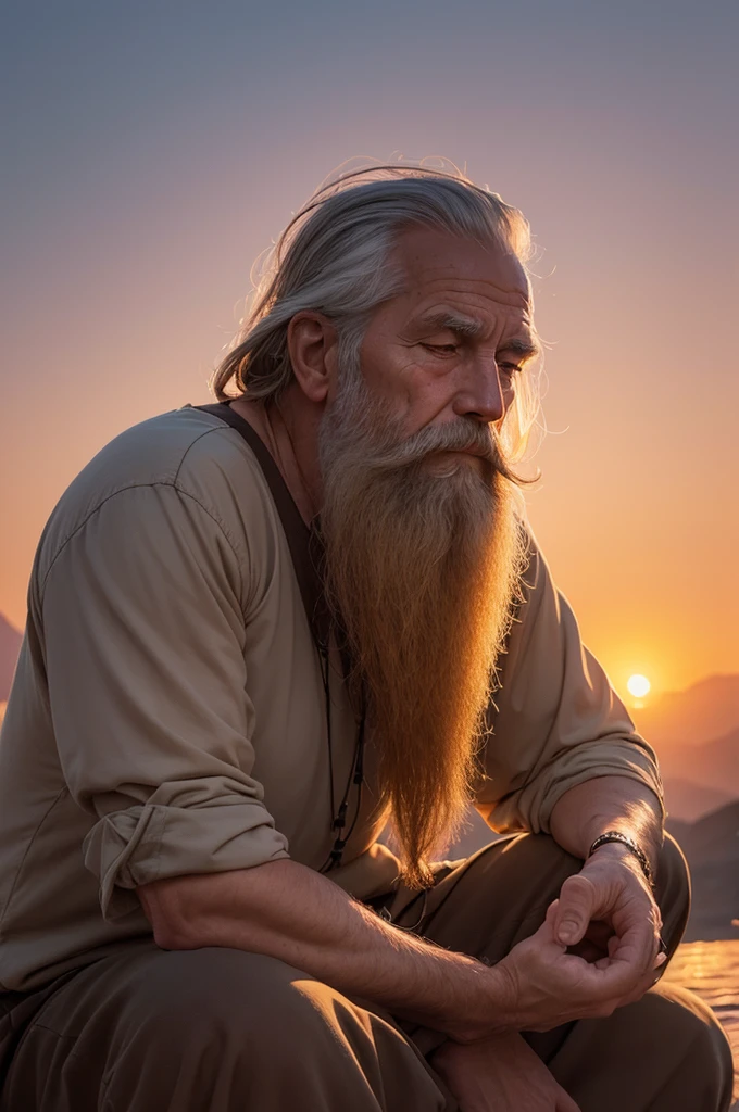 drawing of an elderly mountain boy with a pensive beard meditating under the sunset light