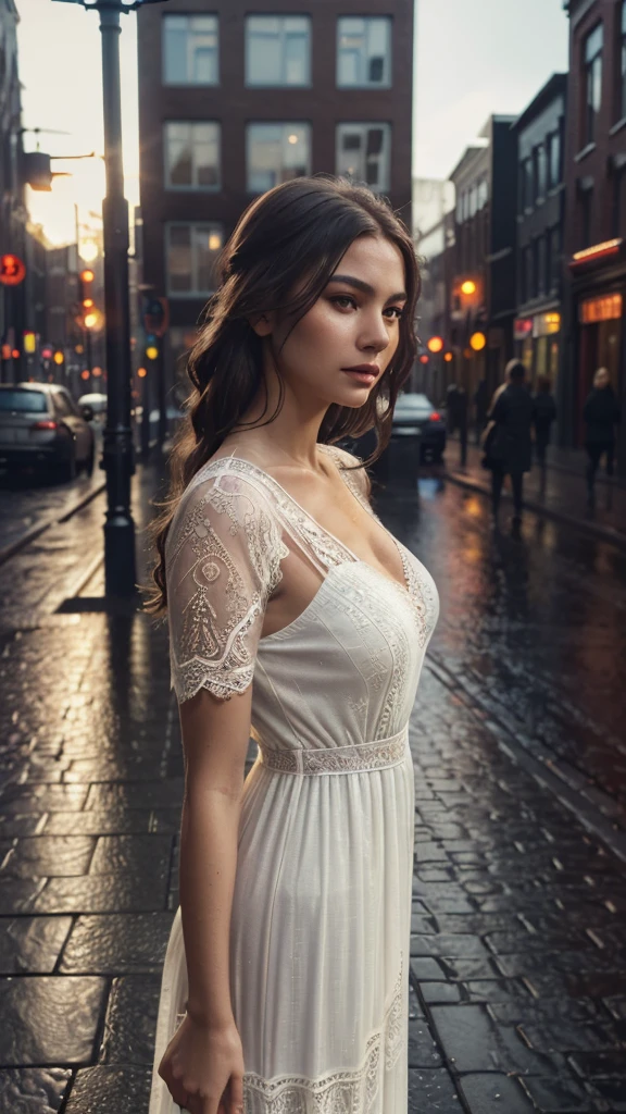 (best quality,8k, ((wearing lace maxi dress)),standing,red light district,highly detailed face and skin texture,detailed eyes,double eyelids),portrait,sunny atmosphere,soft focus,warm color tones,subtle backlighting,dewdrops on lashes,urban landscape,reflection on wet pavement,moody aesthetic. Body main focus,  