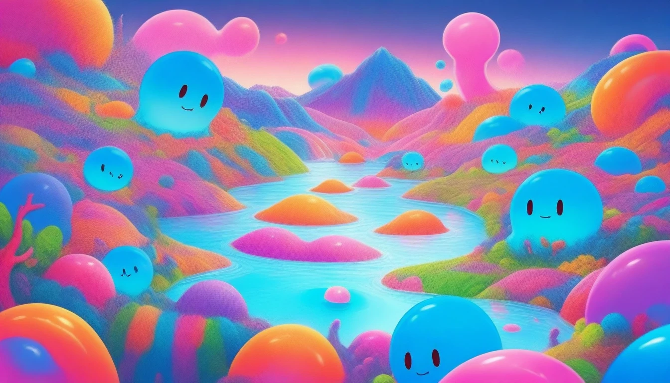 A vibrant scene featuring a fantastical landscape of undulating hills made entirely of colorful slime, glowing in various neon hues under a twilight sky in a abstract. Playful slime creatures with expressive faces and whimsical features interact with oversized, glittering flowers made of gelatin in a abstract. The foreground displays a slime waterfall cascading into a sparkling pool, surrounded by lush, candy-colored foliage, all drawn in a blend of cartoonish and surreal art styles, reminiscent of both Dr. Seuss and contemporary digital art in a abstract.