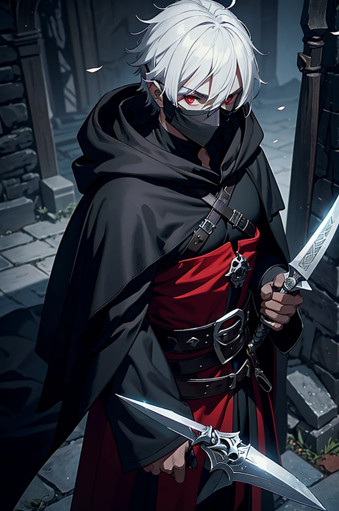 An assassin, male, fantasy character, physically strong, wearing a skull mask covering his face and eyes, dressed in black medieval attire, with a white hooded cloak over it, gray hair, short hair, red eyes, holding a dagger, nighttime background.