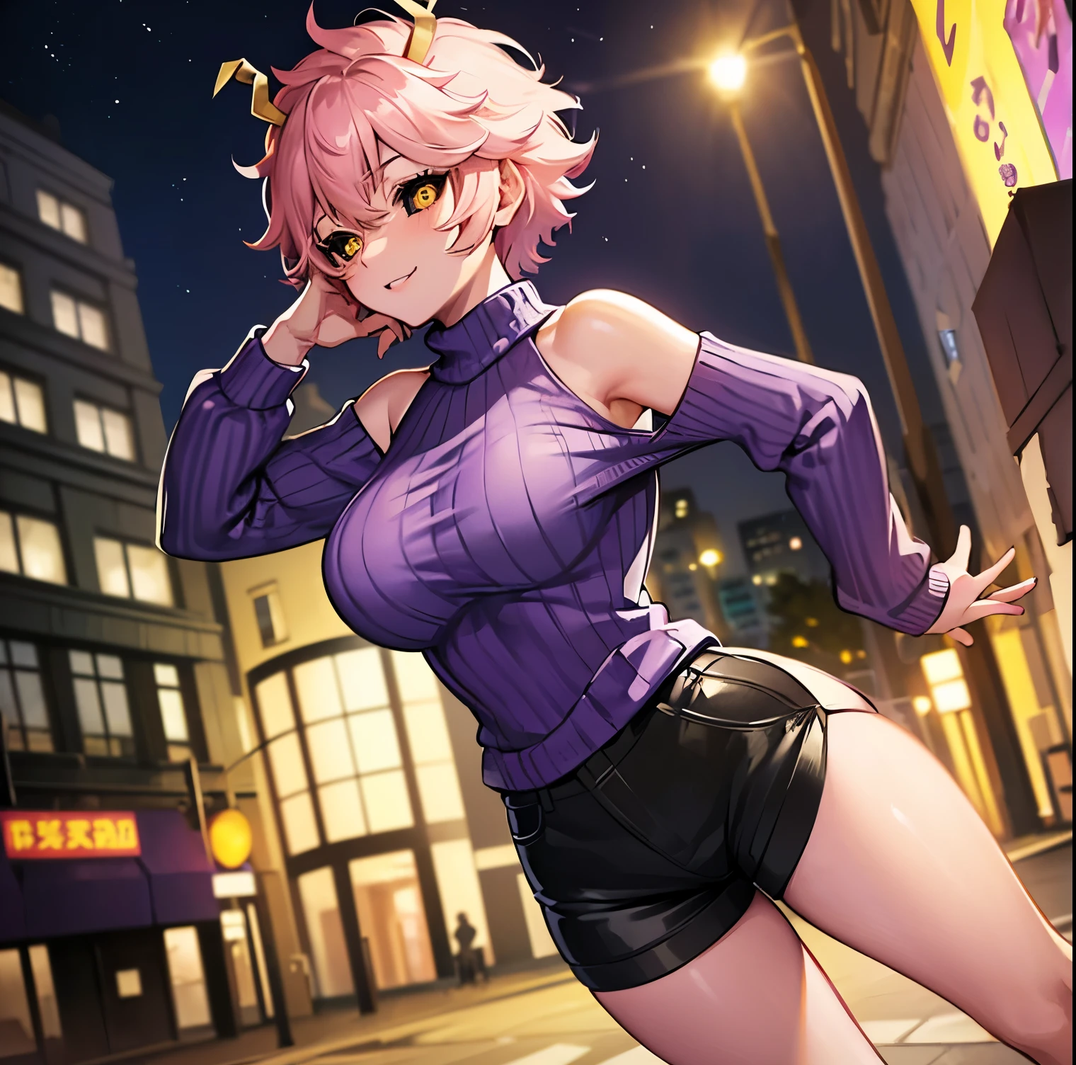 ((1girl)),((alone)),mina ashido,(masterpiece), (best quality), (ultra detailed), (best illustration), (best shadow), (absurdities), sharp focus, cowboy shot , dynamic posture looking at the viewer, big breasts, narrow waist, wide hips, wide thighs, round butt, erotic, romantic, (very detailed eyes, lips 1.1), very detailed eyes, eyes, Very detailed face, Very beautiful face, height complete, beautiful slim figure, femininity, expressive appearance, big elastic breasts, sexuality, pink skin, pink hair, short hair, horns,((yellow eyes)),((black sclera)),((yellow irises)),( (black pupil)), ((shorts)), ((bare shoulders:1.3)), ((sweater)), hand on hip,((black shorts:1.3)),((sweater with long sleeves: 1.2)), ((tight pants)), ((purple sweater:1.4)), ((tight sweater)), (socks: 1.2), (black socks: 1.1), ((brown loafers:1.2)), body defined, Perfect and beautiful body, perfect and beautiful, closed mouth, smile, happy smile, blushing, (sexy pose: 1.2), ((solo)), standing: 1.3, outdoor, cityscape, streets, city, night, lights of the city, looking forward, ((focus on breasts)), point of view: (from the middle), perfect anatomy, perfect hands