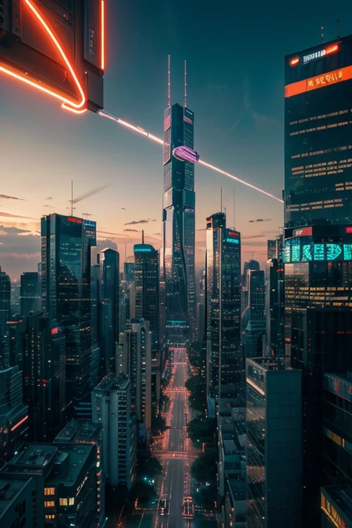 Create a futuristic cityscape at dusk, featuring towering skyscrapers bathed in the warm glow of neon lights. The scene should be set against a backdrop of a technologically advanced skyline, bustling with flying vehicles and illuminated signs. Capture the essence of a vibrant metropolis of the future