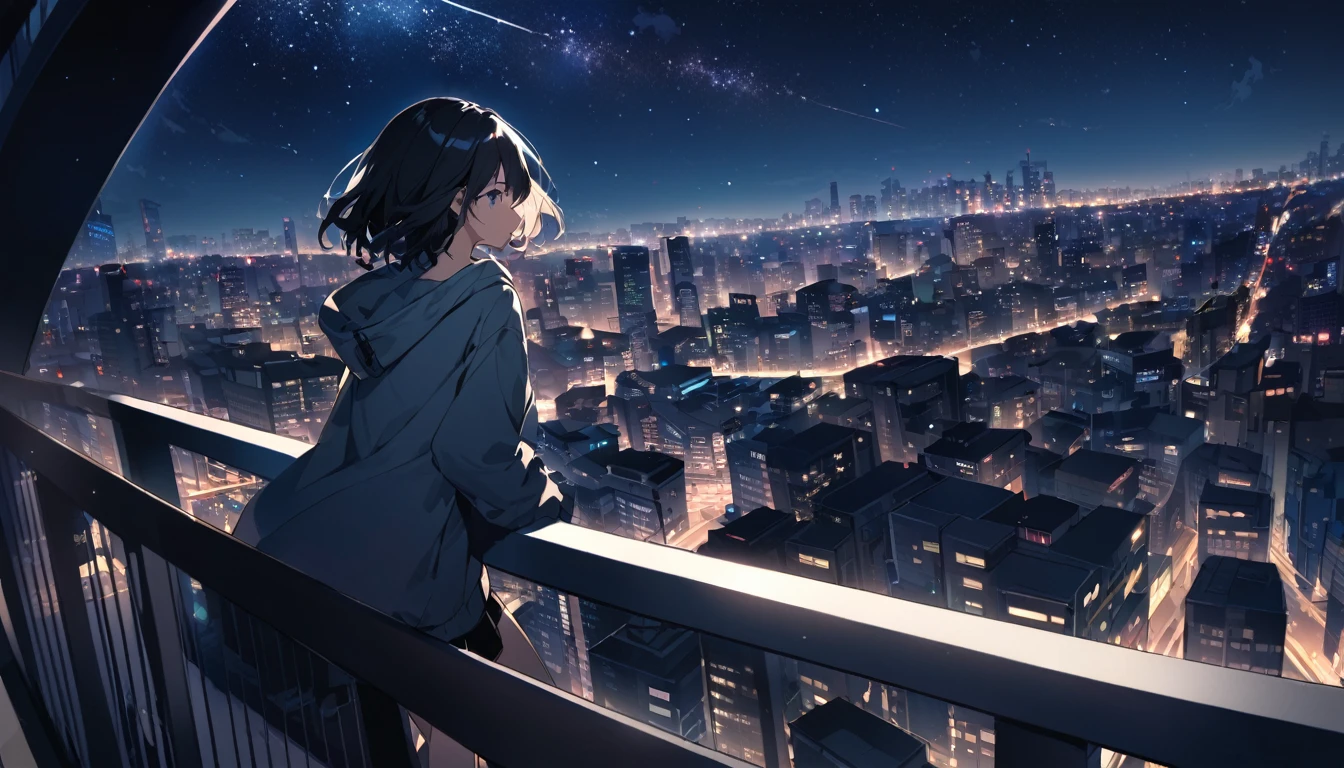 Starry Sky、Night view、City、One woman、Black Hair、Short Hair、Hair blowing in the wind、Wearing a hoodie、back、Full body portrait、Overlooking the city from the balcony