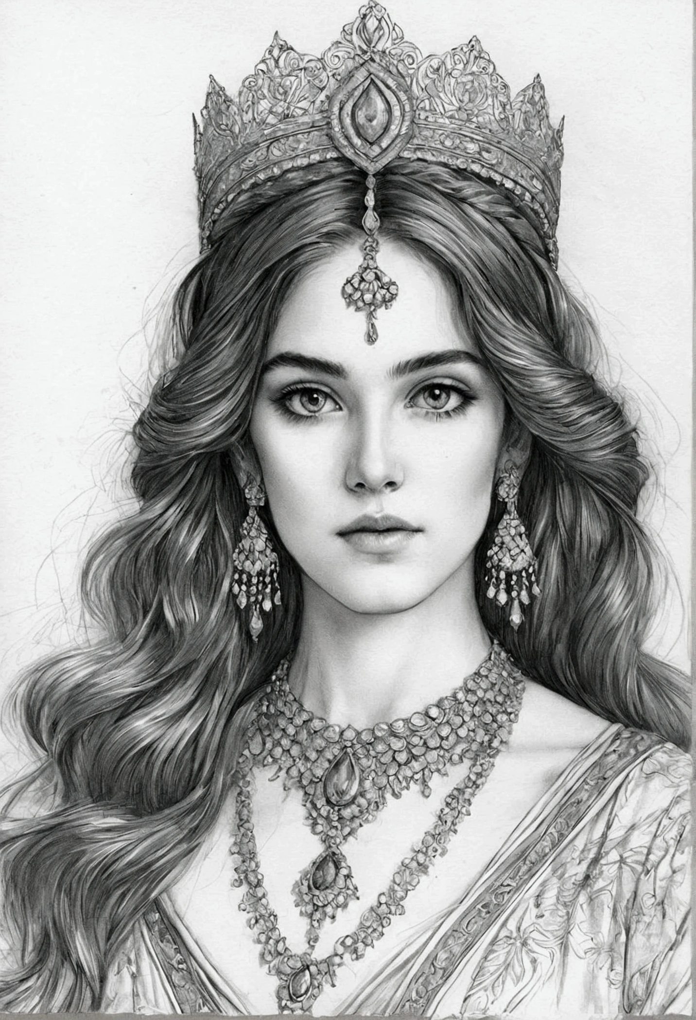 A delicate graphite drawing depicting a regal Persian princess. Her elegant features are rendered with subtle shading and precise lines, emphasizing her almond-shaped eyes and intricate, traditional Persian attire. The drawing captures her poised posture, with a beautifully adorned headpiece featuring fine jewels and detailed patterns. Her long, flowing hair is styled in soft, elaborate waves, and the background includes ornate Persian motifs to enhance the cultural authenticity. The overall mood is one of grace and nobility, as she gazes thoughtfully into the distance, embodying the timeless beauty and elegance of Persian royalty