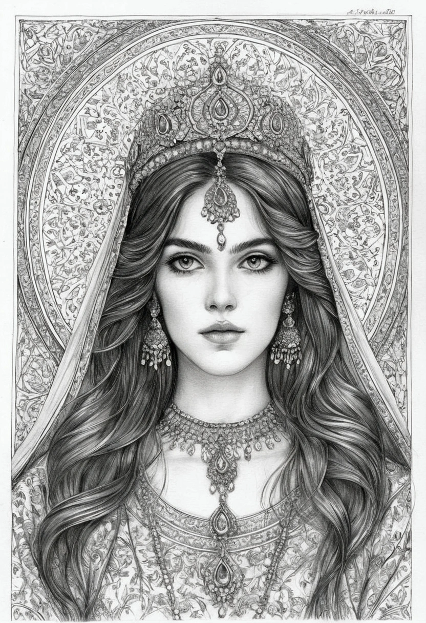 A delicate graphite drawing depicting a regal Persian princess. Her elegant features are rendered with subtle shading and precise lines, emphasizing her almond-shaped eyes and intricate, traditional Persian attire. The drawing captures her poised posture, with a beautifully adorned headpiece featuring fine jewels and detailed patterns. Her long, flowing hair is styled in soft, elaborate waves, and the background includes ornate Persian motifs to enhance the cultural authenticity. The overall mood is one of grace and nobility, as she gazes thoughtfully into the distance, embodying the timeless beauty and elegance of Persian royalty