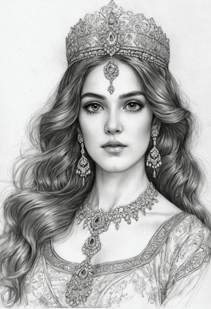 A delicate graphite drawing depicting a regal Persian princess. Her elegant features are rendered with subtle shading and precise lines, emphasizing her almond-shaped eyes and intricate, traditional Persian attire. The drawing captures her poised posture, with a beautifully adorned headpiece featuring fine jewels and detailed patterns. Her long, flowing hair is styled in soft, elaborate waves, and the background includes ornate Persian motifs to enhance the cultural authenticity. The overall mood is one of grace and nobility, as she gazes thoughtfully into the distance, embodying the timeless beauty and elegance of Persian royalty