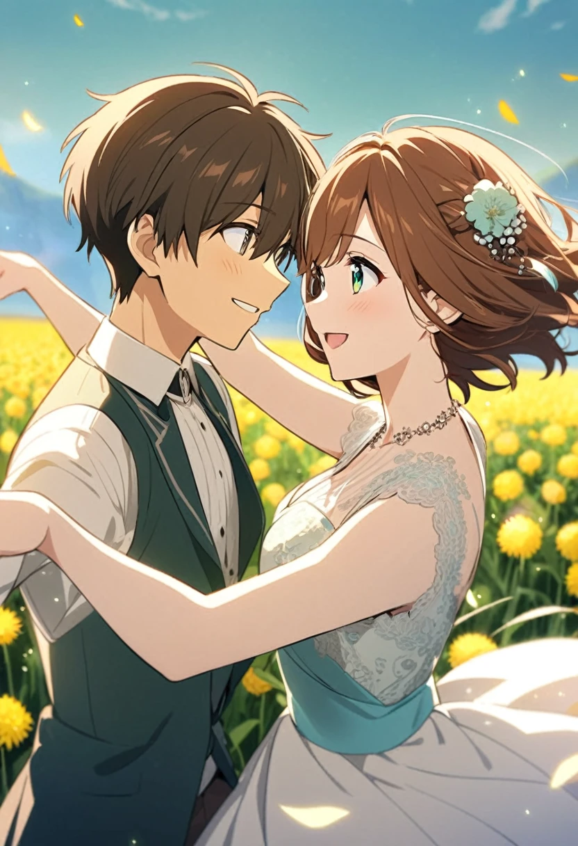 anime, two people, one beautiful female with long brown hair with green eyes, the other person is a male with brown hair and blueish gray eyes,, they are boyfriend and girlfriend, both smiling, in a field dandelions, dancing