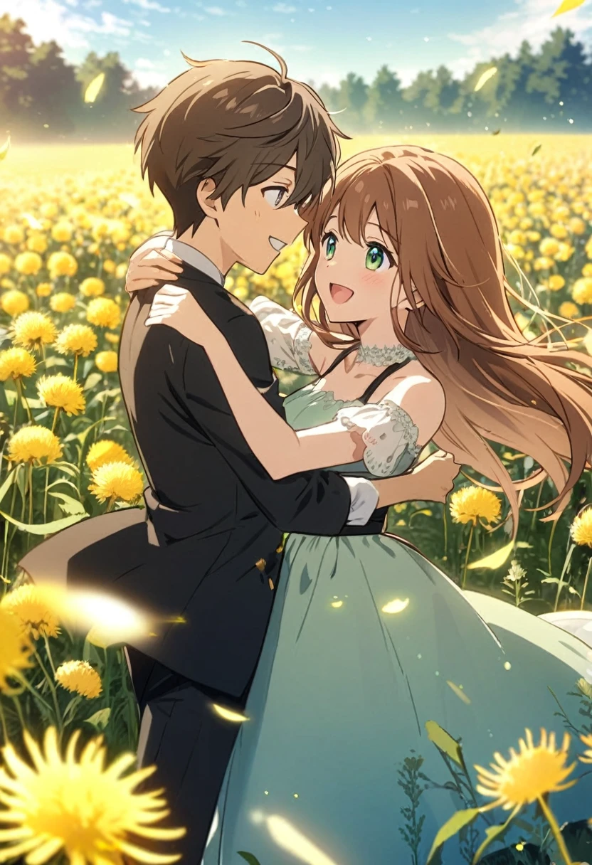 anime, two people, one beautiful female with long brown hair with green eyes, the other person is a male with brown hair and blueish gray eyes,, they are boyfriend and girlfriend, both smiling, in a field dandelions, dancing