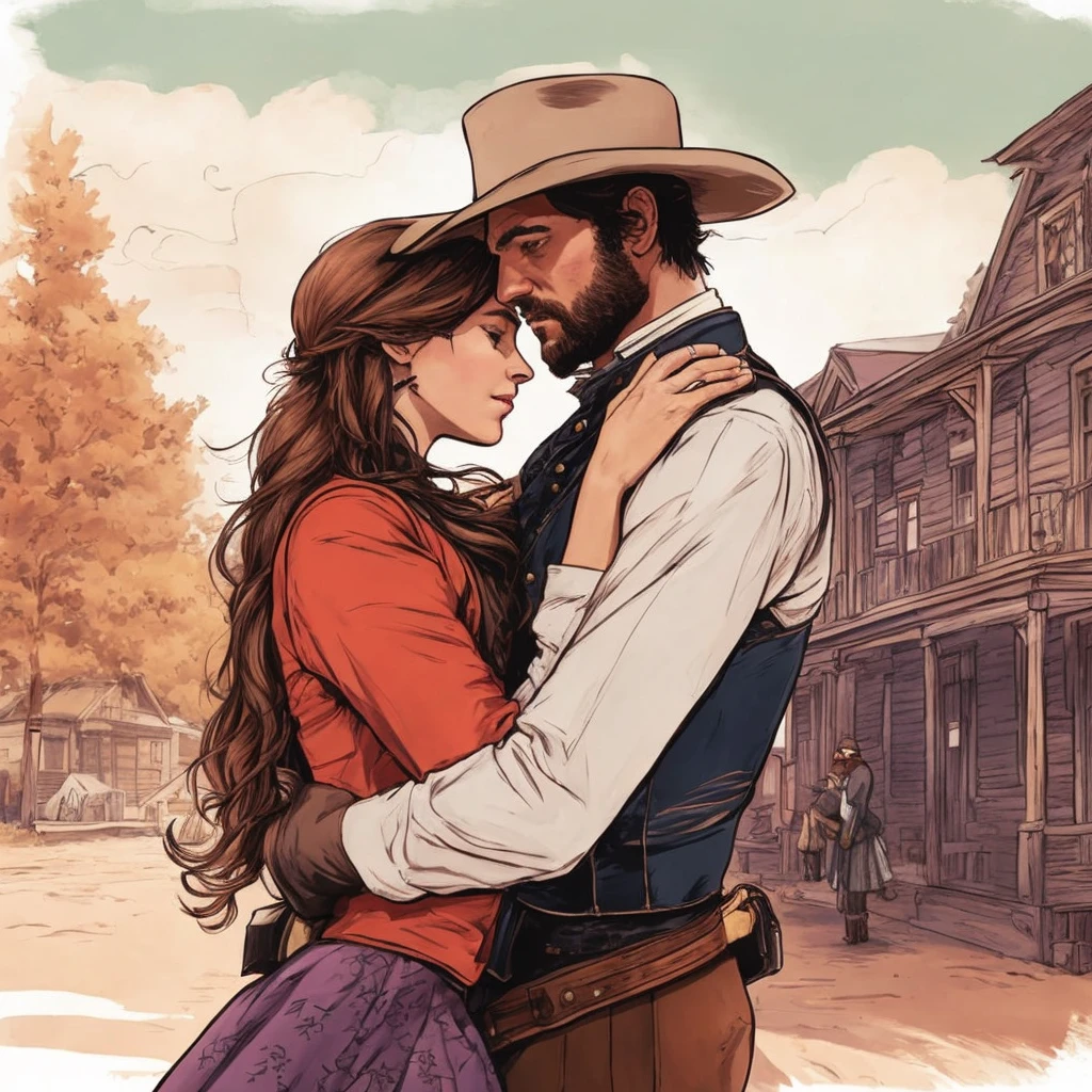 a drawing of a man and woman hugging in front of a building, red dead redemption art style, oldwest, in the old west, old west, old west town, inspired western comic, western town, western comic book style, western comic style, beautiful illustration, romance novel cover, in a wild west town, western comic art, by Relja Penezic
