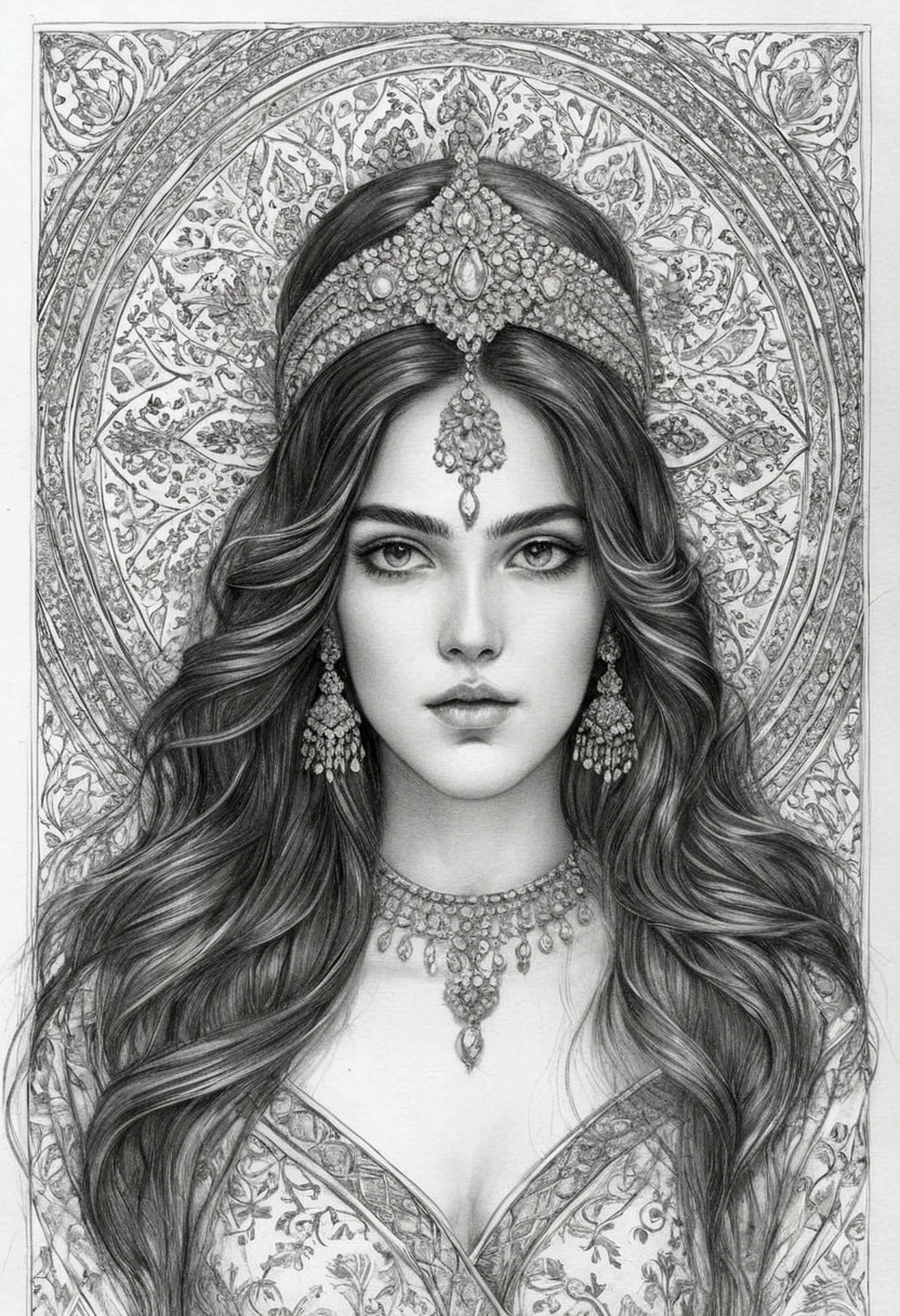 A delicate graphite drawing depicting a naked Persian princess. Her elegant features are rendered with subtle shading and precise lines, emphasizing her almond-shaped eyes and intricate, traditional Persian attire. The drawing captures her poised posture, with a beautifully adorned headpiece featuring fine jewels and detailed patterns. Her long, flowing hair is styled in soft, elaborate waves, and the background includes ornate Persian motifs to enhance the cultural authenticity. The overall mood is one of grace and nobility, as she gazes thoughtfully into the distance, embodying the timeless beauty and elegance of Persian royalty