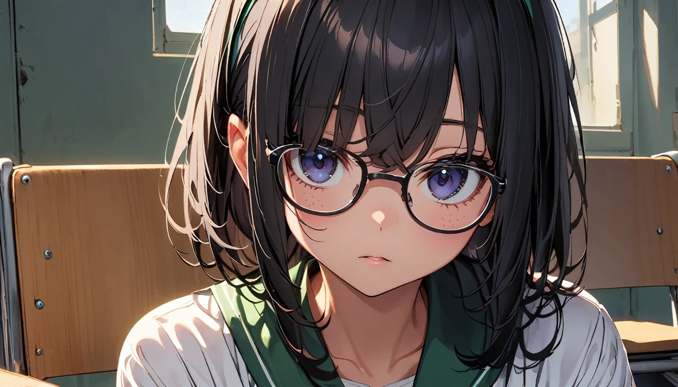 ((((School、During class、classroom)))、、 girls、((((((Sit in a chair and take a class、I have a pen、Notebooks and textbooks、)))))(((Serious face、Future outlook、Slender body)))、、Low length、((((((Eyes hidden by long bangs:1.2))))))、((([(freckles、Long black hair:1.2　hair band))))(((( Black-rimmed glasses:1.2　black eye)))、Side view、,Official Art、High resolution、Hyper Detail、[Angle from below:0.7]Upper Body