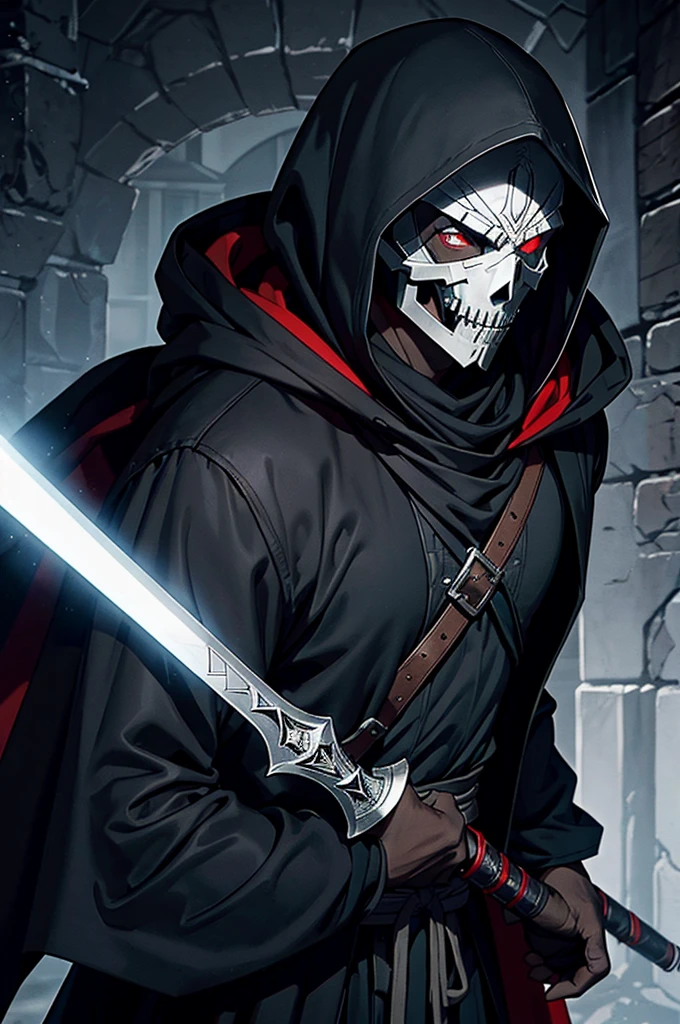 An assassin, male, fantasy character, physically strong, wearing a skull mask covering his face and eyes, dressed in black medieval attire, with a white hooded cloak over it, gray hair, short hair, red eyes, holding a dagger, nighttime background.